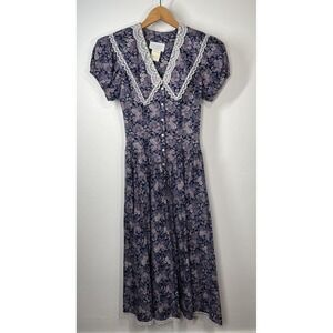 VTG 80s GUNNE SAX By Jessica McClintock Tea Dress Lace Trim Navy SZ 3 Bust 32 "